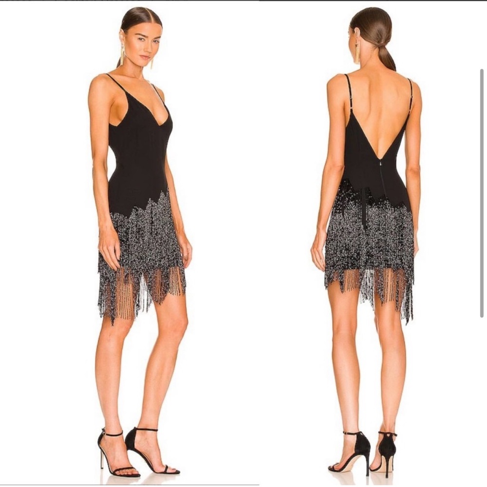NBD Annika Dress Black Beaded Fringe
Asymmetrical Hem Sz M Sleeveless